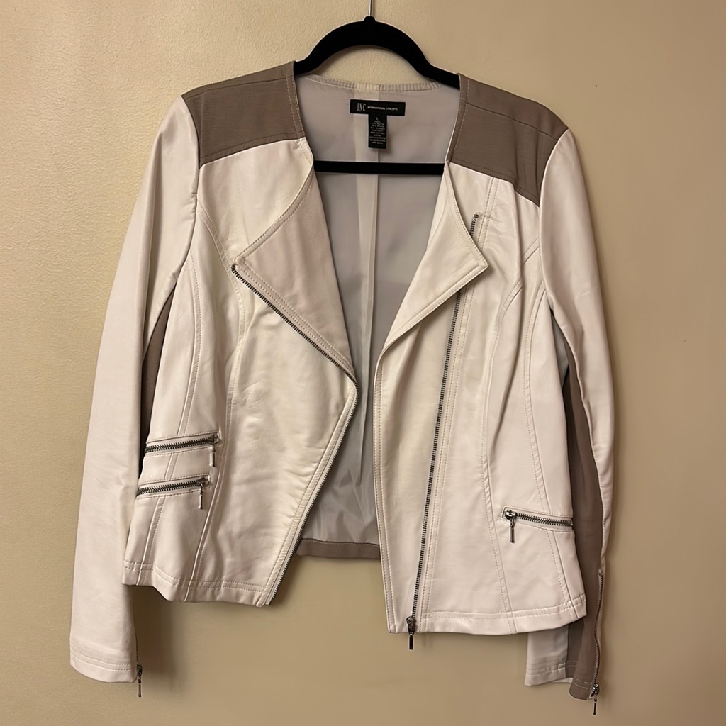 Inc White Faux Leather Motto Jacket